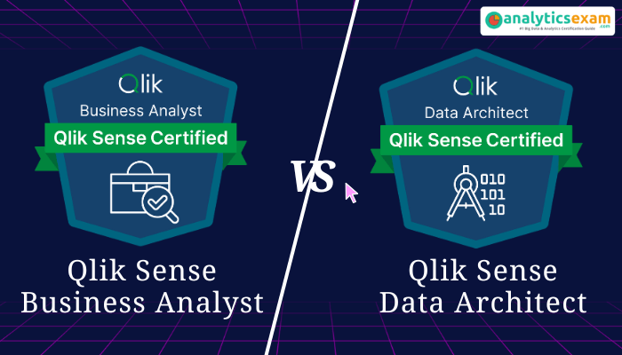 Comparison of Qlik Sense Business Analyst vs. Data Architect certifications with badges and AnalyticsExam logo.