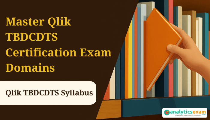 Image showing a professional Qlik TBDCDTS certification banner with syllabus domains and a hand pulling a book, designed for exam preparation promotion.