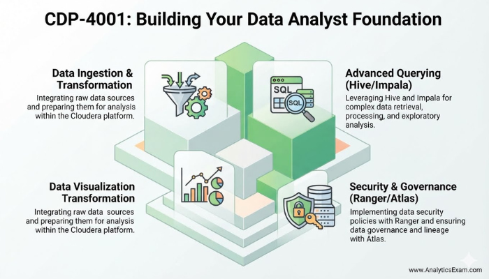 A conceptual infographic illustrating the foundational skills a Cloudera CDP Data Analyst builds for the CDP-4001 exam, including data ingestion, querying, visualization, and governance.