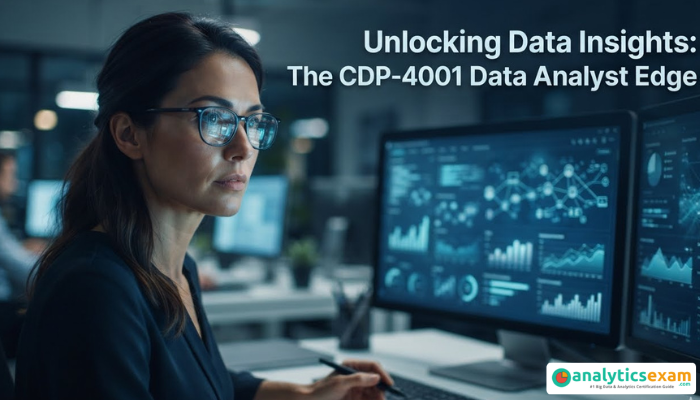 A focused data analyst reviews complex data visualizations on a monitor, reflecting insight and expertise for the Cloudera CDP-4001 exam.